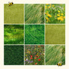A grid of grass lawns and wildflowers with animated bees in the corners