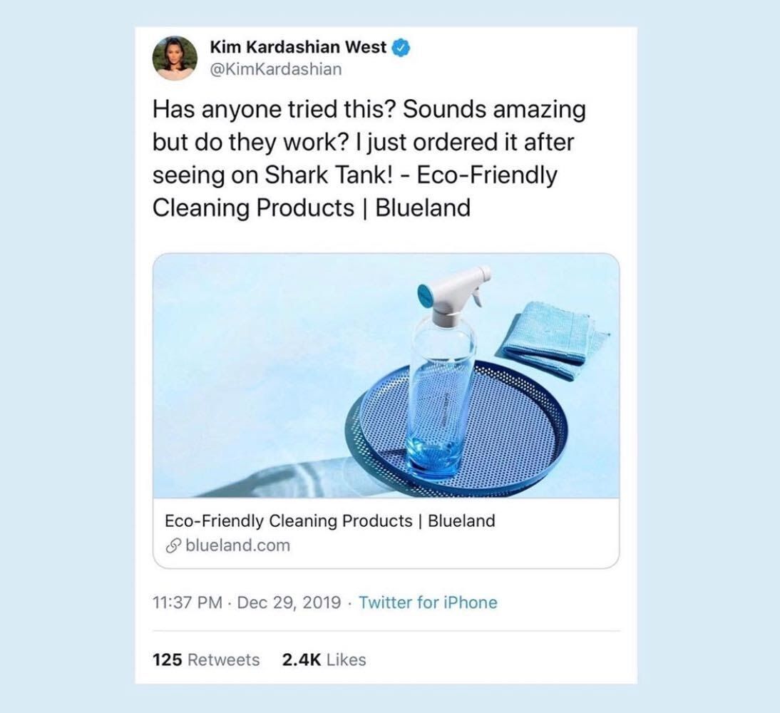 Tweet by Kim Kardashian West about eco-friendly cleaning products from Blueland, featuring a product image on a light blue background.